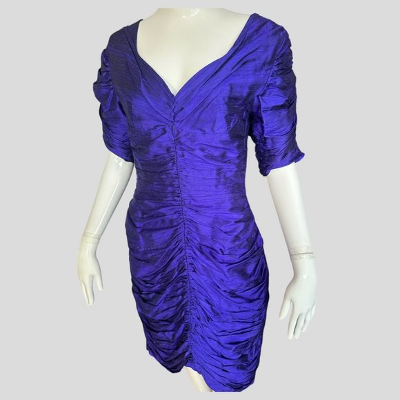 VINTAGE KANAK 100% SILK ROYAL PURPLE RUCHED DRESS (SZ 8) - Picture 2 of 12